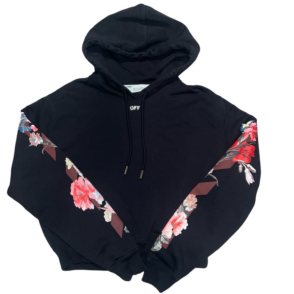OFF-WHITE MAIN LABEL Flowers Black Hoodie Cropped Size Medium.